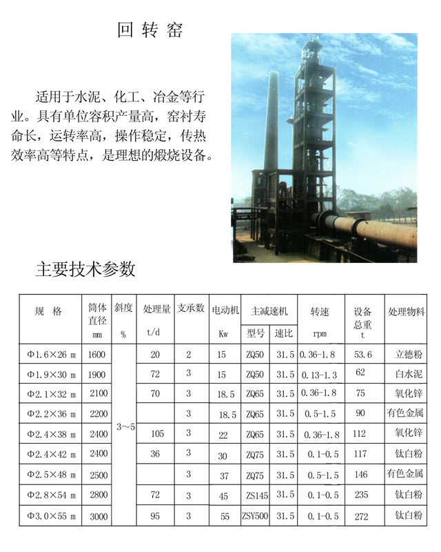 回轉窯技術參數